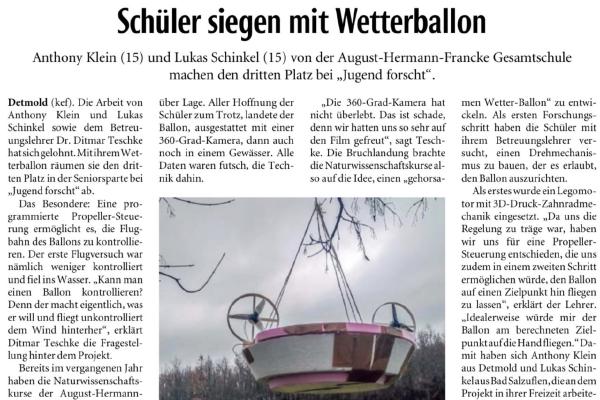 Schüler belegen mit Wetterballon 3. Platz bei "Jugend forscht"